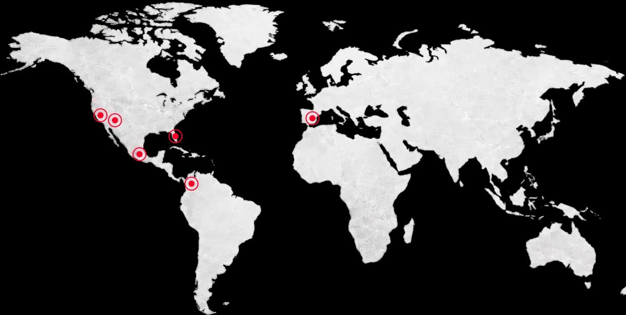 Mapa de oficinas 2bleR en México, Los Ángeles, Las Vegas, Miami, Colombia y Madrid